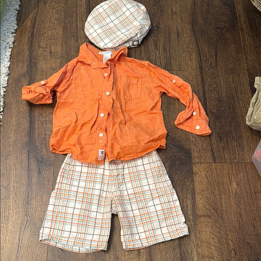 Janie and Jack linen Orange Shirt and Plaid Shorts Set‎ with Cap matching set 2T